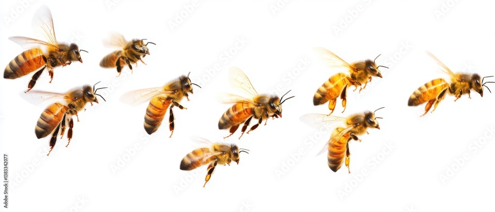 Poster dynamic swarm of honeybees in flight against a clean white backdrop creating a vibrant and natural c