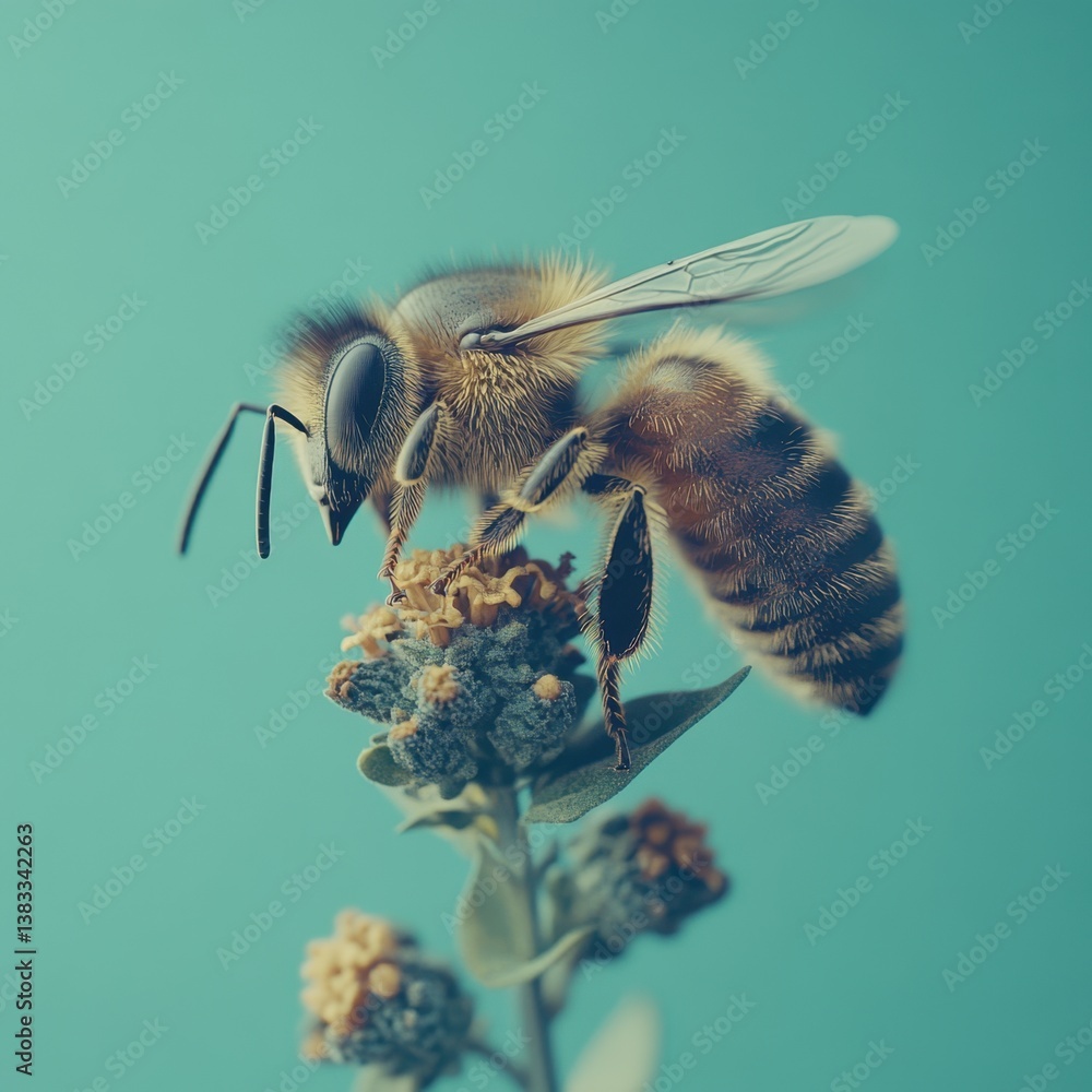 Aufkleber honeybee close up on flower against teal background capturing pollination in macro detail with soft 