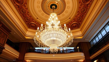 Grand Crystal Chandelier in Luxurious Hotel Lobby with Ornate Ceiling