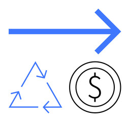 Blue directional arrow with triangle recycling symbol and circular dollar sign icon. Ideal for sustainability, financial growth, eco-friendly processes, progress, green economy, efficiency, flat