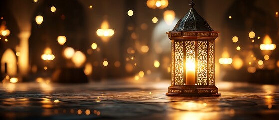 A beautifully ornate lantern casting a warm, inviting light in a dark, serene space, enhancing the peaceful ambiance with intricate designs.