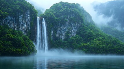 Fototapeta premium Majestic Waterfall Amidst Misty Mountains: A cascading waterfall plunges dramatically into a serene lake, framed by lush, verdant mountains shrouded in a soft mist.