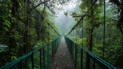 Obraz premium Misty Suspension Bridge in Lush Green Tropical Forest Surrounded by Fog and Trees