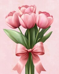 Fototapeta premium Elegant pink tulips bouquet with a satin bow on pastel background captures the essence of spring and romance