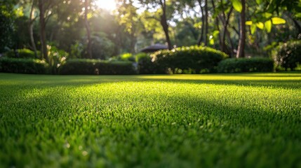 A large, lush green lawn with a few trees and bushes in the background. The sun is shining brightly, making the grass look even greener.