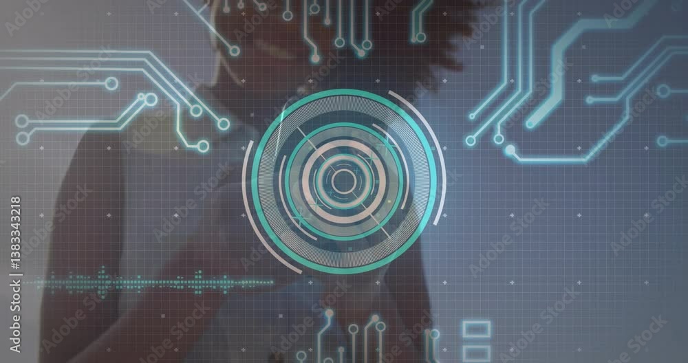 Poster futuristic animation with digital interface overlaying person in school environment