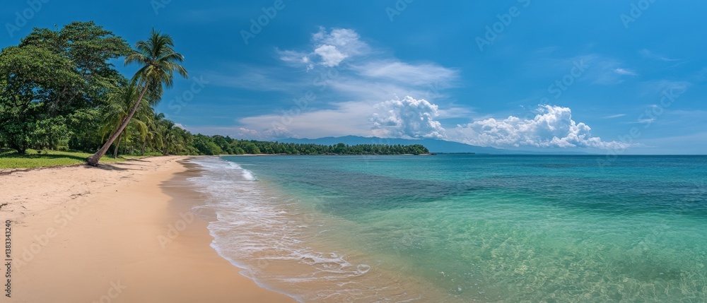 Poster serene tropical beach paradise with palm trees azure sea and soft sand under a bright blue sky with 
