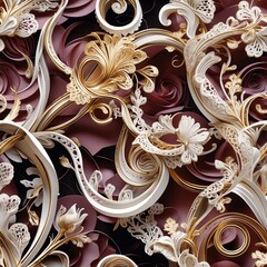 Gold and white swirl illustration with maroon paper roses background. Floral seamless pattern with elegant vintage design, decorative style with curls and spirals.