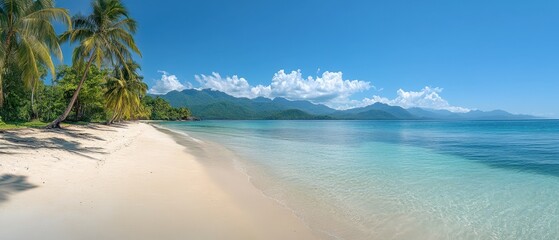 Obraz premium Serene tropical beach panorama with palm trees white sand turquoise water and distant mountains under a clear blue sky offering a peaceful vacation escape