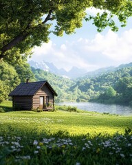 Serene landscape featuring a rustic wooden cabin nestled in a lush green field, overlooking a tranquil river and majestic mountains under a bright, sunny sky.