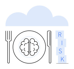 Brain on a plate with fork and knife under a cloud beside stacked risk blocks. Ideal for decision-making, risk management, critical thinking, mental health, problem-solving, strategy, abstract line