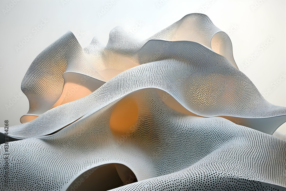Poster abstract composition of flowing white layered structures illuminated from behind