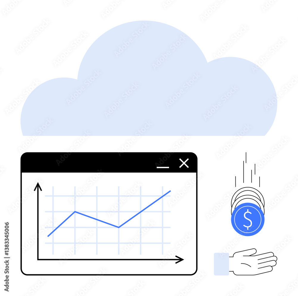 Poster cloud above a graph window with upward trendline and hand catching coins. ideal for data analysis, i