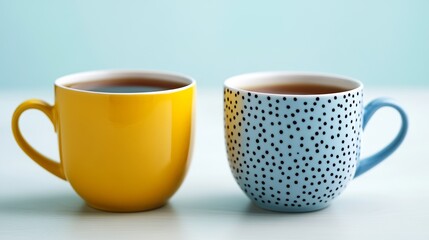 Two mugs of tea, one yellow and one light blue with black polka dots, sit on a light blue background. Warm, inviting, and simple.