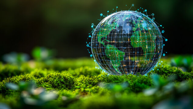 Glowing globe shows nature's link. A digital globe with a network overlay rests on lush green moss, symbolizing the balance of technology and nature.