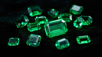 Vibrant Green Emeralds on Black Velvet Background