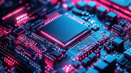 Obraz premium A macro image of a processor or a graphic card, technological device storing memory, hardware close-up, neon led lights. Generative AI technology.