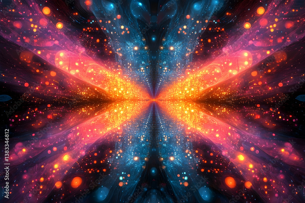 Poster a symmetrical abstract composition showcasing colorful streams and glowing particles