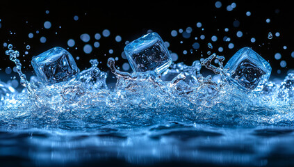 Frozen cubes splash in water background. Three ice cubes plunge into a pool of water, creating a dynamic splash and droplets in a dark setting.