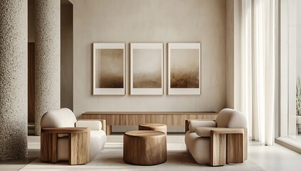 A minimalist living room with natural wood furniture, featuring empty frames on the wall, ideal for showcasing art or interior design ideas.