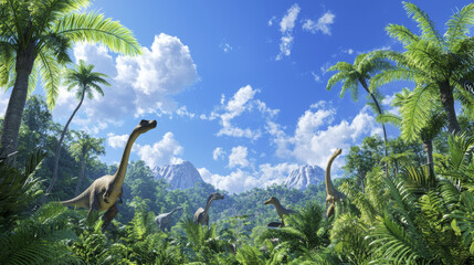 Naklejka premium vibrant prehistoric landscape featuring dinosaurs among lush greenery and mountains