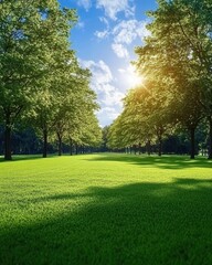 Obraz premium Serene park landscape with vibrant green grass and towering trees under a bright blue sky on a sunny day