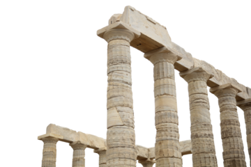 Cape Sounio, Poseidon temple remains isolated on white, transparent sky. Attica, Greece. 