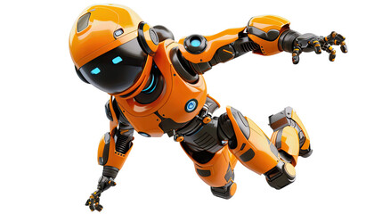 Orange Robotic Hero: A dynamic, futuristic orange robot in a flying pose, exuding energy and advanced technology.