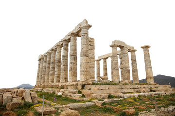 Cape Sounio, Poseidon temple remains isolated on white, transparent sky. Attica, Greece. 