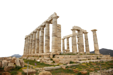 Cape Sounio, Poseidon temple remains isolated on white, transparent sky. Attica, Greece. 