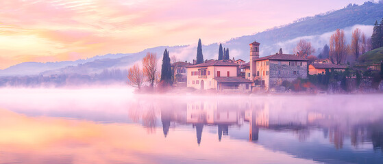Fototapeta premium Serene Dawn Reflections in a Foggy Lake with Charming Architecture