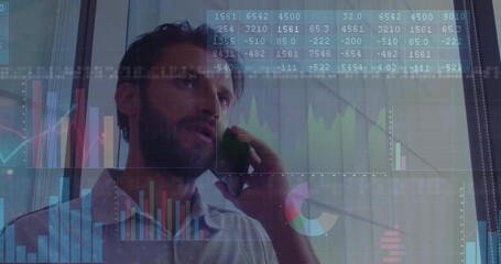 Analyzing financial graphs, businessman talking on phone with data animation overlay - Powered by Adobe
