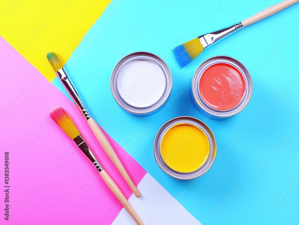 Poster vivid palette of artistic expression paint cans and brushes on a geometric background creates a brig