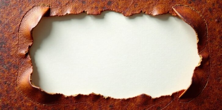Fragmented paper edges expose worn leather binding, decay, vintage