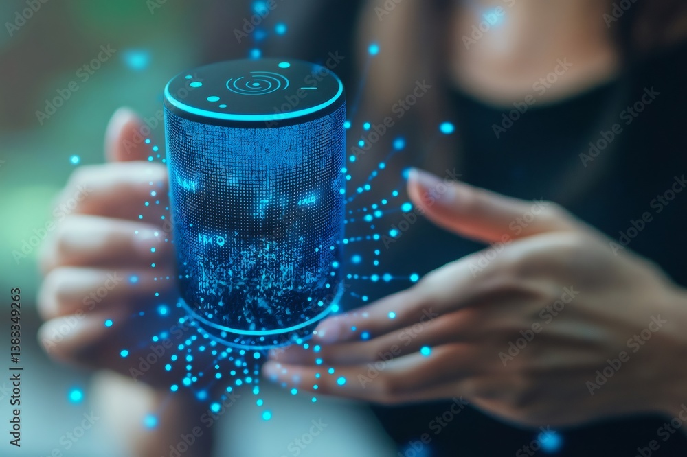 Poster hands manipulating a holographic smart speaker, showcasing voice control and ai interaction in a fut