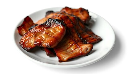 Caramelized Grilled Pork Belly Slices with Charred Texture on White Plate in Minimalist Presentation
