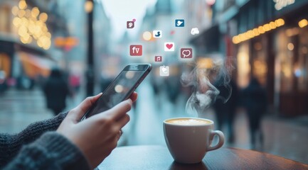Woman using smartphone with social media icons, coffee.