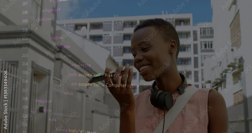 Poster in school, child using smartphone with animation of coding text overlay