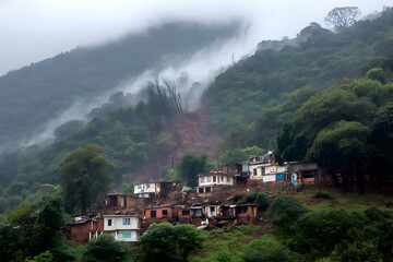 Destruction of a mountain village from natural disaster on a cloudy day with mist hovering over the hills