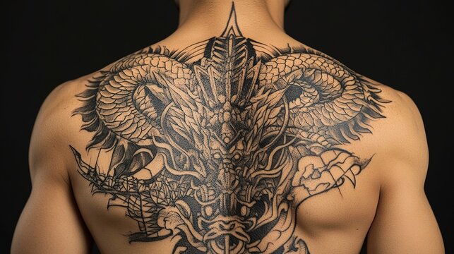 Dragon geometric tattoo art body ink tattoo studio dark background artistic perspective unique design details