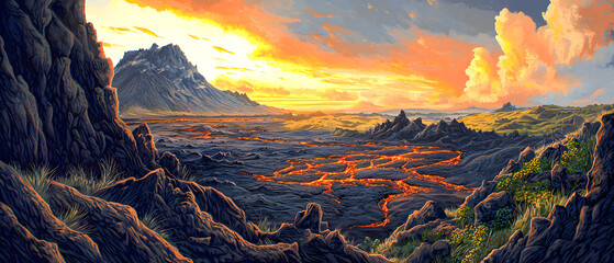 Fototapeta premium Majestic Lava Flow Under Sunset in Volcanic Landscape Scene