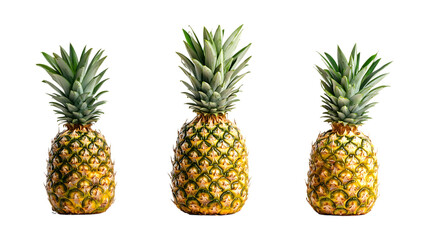 Whole pineapples with green leaves isolated on a transparent background for healthy eating blog headers and tropical grocery store