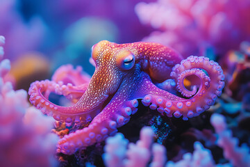 Brightly Colored Octopus Among Coral Captured in Underwater Scene with Generative AI Technology