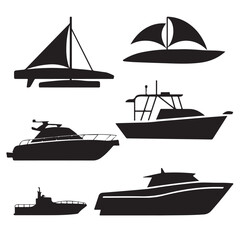 set Black silhouette of boats, ship, fishing boat various style