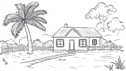 Simple sketch of a house in a tropical setting, for a coloring book or educational material