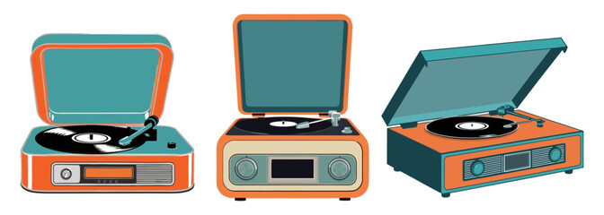 Set of retro record players. Vintage vector flat illustrations isolated on white background