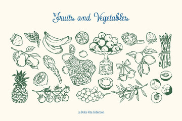 Fruit and vegetables sketch-style illustration collection. Matisse style doodles
