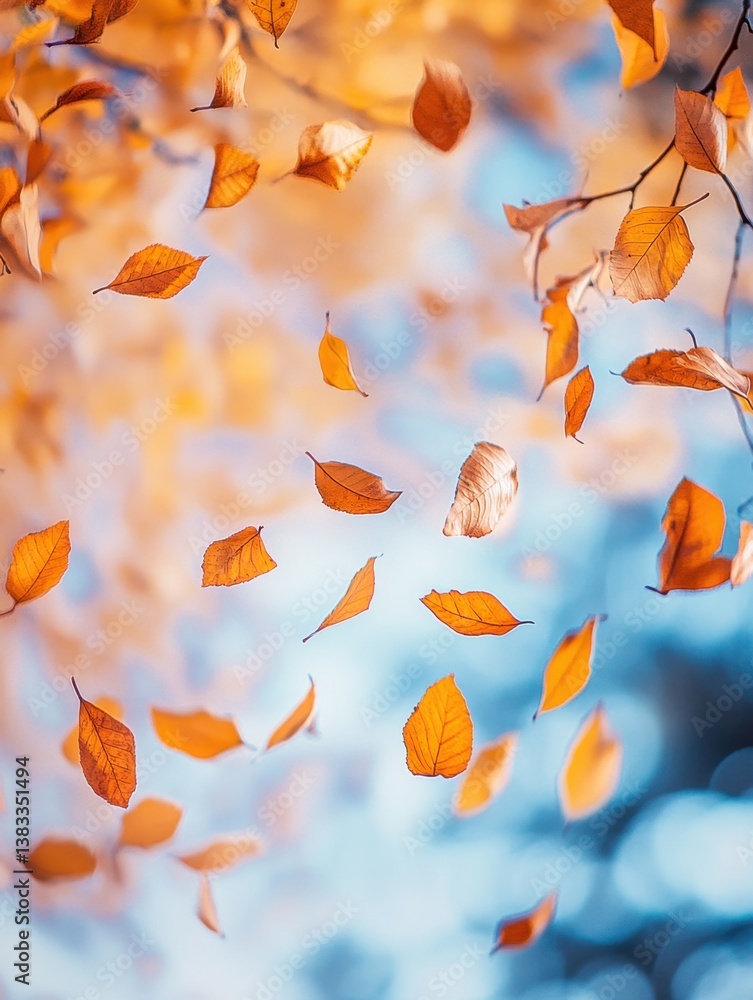 Poster serene autumn leaves falling from branches against a soft blue sky creating a tranquil seasonal scen
