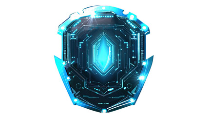 Cyber Shield Icon: A futuristic, stylized shield emblem, glowing with vibrant blue digital circuits, symbolizing protection, security, and technological advancement.