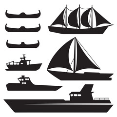 set Black silhouette of boats, ship, fishing boat various style